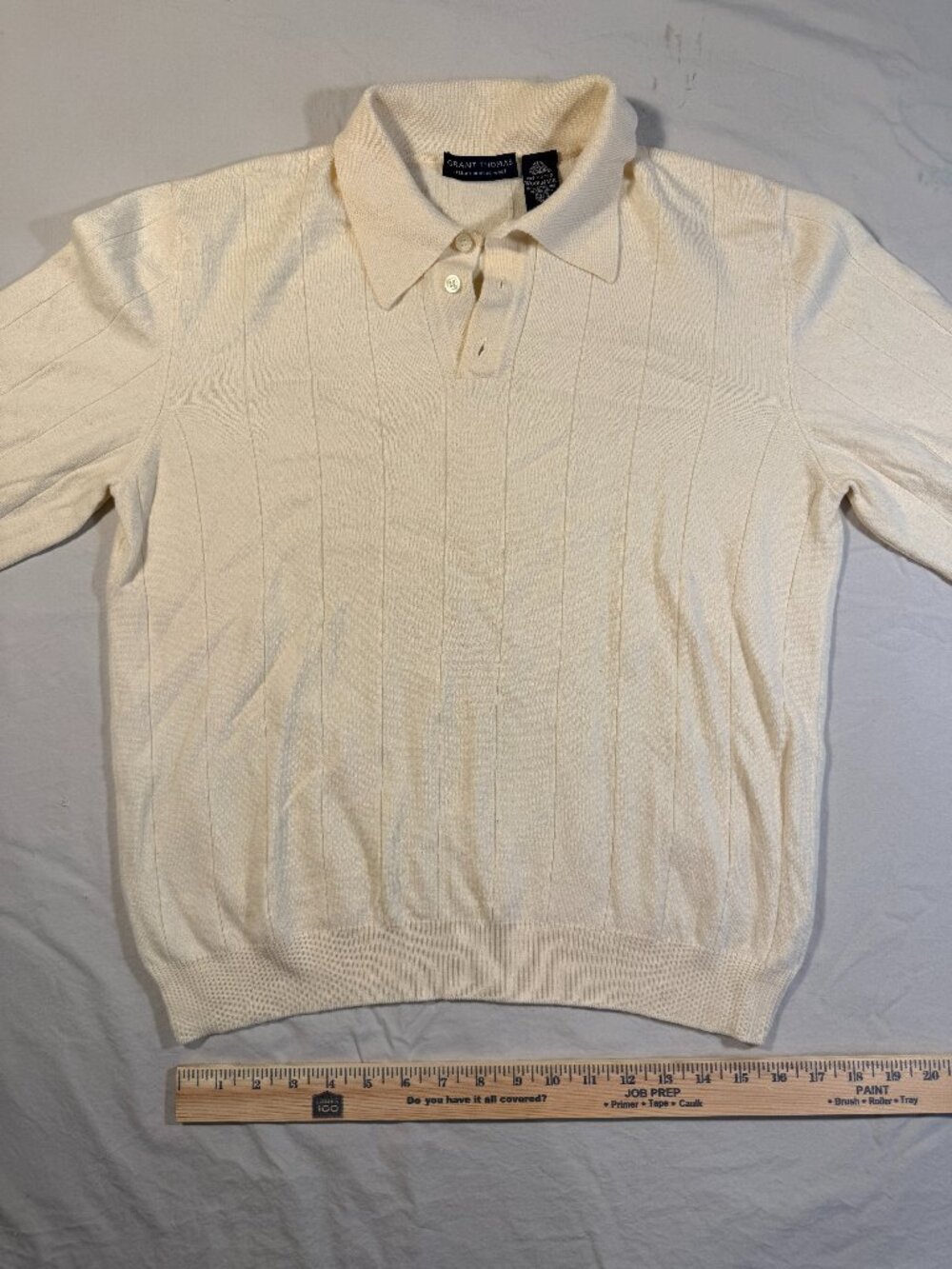 GRANT THOMAS Mens L Cream Merino Wool Long Sleeve Polo Sweater Holiday Gift